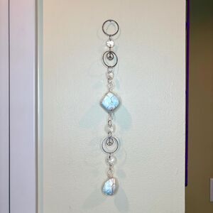 Caribbean Calcite Gemstone Wall Hanging, Silver Peace Sign Crystal Suncatcher